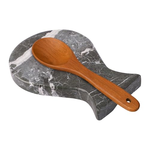 Marble Spoon Rest, Utensil Holder and Versatile Kitchen Counter Accessory with Adhesive Stickers for Secure Placement, 8L x 5.5W x 1H Inches, and Effortless Style and Functionality (BLACK)