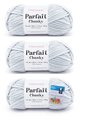 Image of Premier Yarns Parfait Chunky Chenille Yarn 3.5 Oz 6 Super Bulky Weight 3 Pack Bundle with Bella's Stitch Place Holders (Pale Gray)