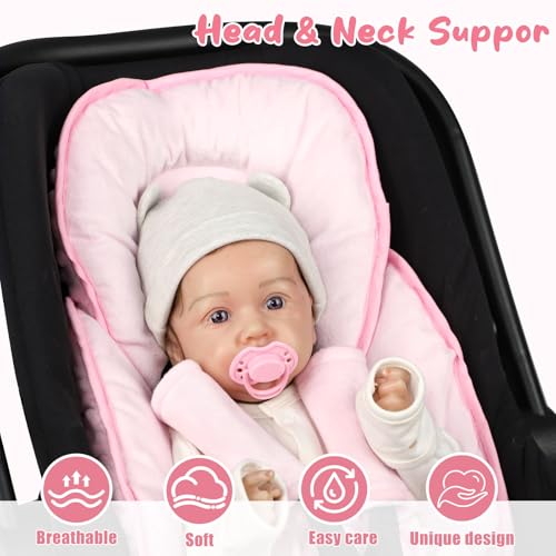 Image of 2 in 1 Infant Car Seat Insert Head and Body Support Set, Reversible Newborn Insert for Carseat with 3 Extra Strap Paddings, Soft Stroller Cushion Pillow Insert Girls, Fits for Stroller, Swing, Pink