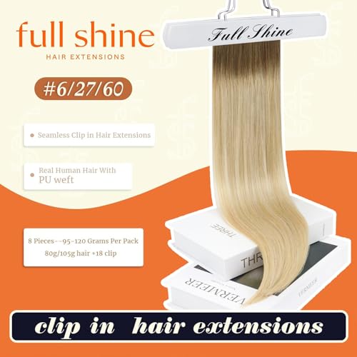 Image of Full Shine Human Hair Clip in Extensions, Light Brown Honey Blonde Balayage | Seamless Hair Extensions Clip ins, 16 Inch 120g 8 Pcs, Invisible Ultra-Thin PU Weft, Balanced Mid-Length Volume, Daily Wear