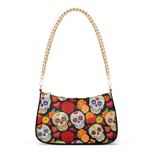 Colorful Day Dead Sugar Skulls Floral Shoulder Bag for Women Casual Purse Hobo Pattern Designer Handbags Zipper Closure - Main Image