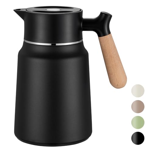 VETIN Termo de 1,5 l de acero inoxidable 304, doble pared, aislamiento al vacío, jarra térmica con mango de aspecto de madera, jarra térmica 10 h de calor/16 h de frío (negro)