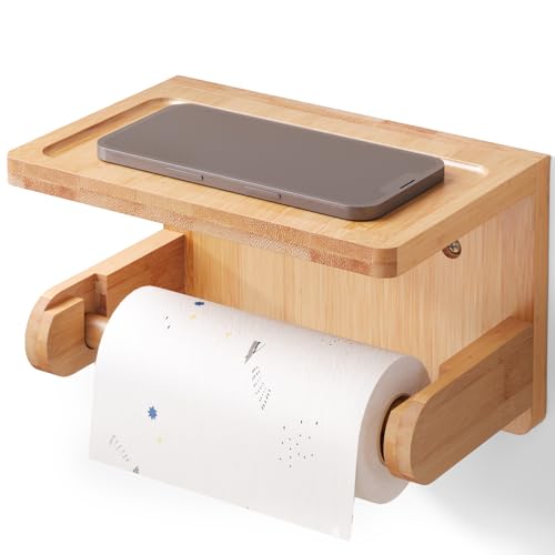 VERTORGAN Toilet Paper Holder with Phone Shelf,Bamboo Wall Mounted Tissue Roll Holder for Bathroom,Adhesive or Screw (Natural)