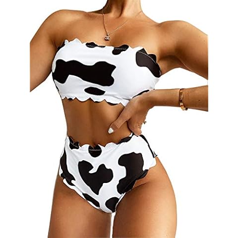 Women's Cow Print Bikini Set Bathing High Waisted Swimsuits Bandeau Tube Top Rave Festivals - - Large Cover