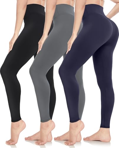 ACTINPUT Legginsy damskie z wysokim stanem - nieprzezroczyste legginsy elastyczne sportowe długie spodnie do jogi spodnie do biegania na siłownię jogę sport, 3-pak - czarny/ciemnoszary/granatowy, XL