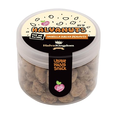 Halva Kingdom Gourmet Tahini Halva Covered Nuts – Vegan, Gluten-Free, Kosher – Sweet Nutty Snack with Creamy Sesame Halvah – 7 oz Premium All-Natural Treat, Perfect for Snacking (VANILLA HALVA PEANUTS)