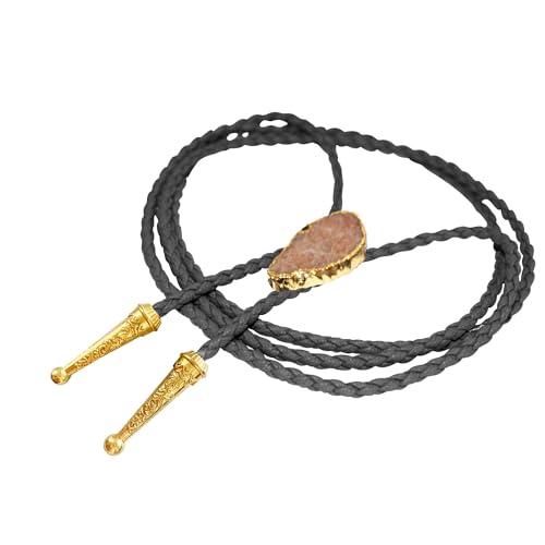 Image of Daisy Del Sol Gemstone Bolo Tie Braided Vegan Faux Leather Natural Stone Gold Handmade Necklace Adjustable Boho Western Jewelry