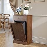 njnj Single Tilt Out Trash Can Cabinet for 13 Gallon Garbage Can, Hidden Recycle Garbage Bin Enclosure, Dog Proof Recycling Cabinet for Kitchen, Living Room, Bedroom, Bathroom, Laundry Room (Brown)