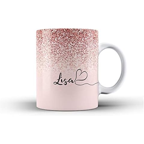 iCaseDesigner Personalised Marble Glitter Flowing Name with Heart Ceramic Mug - 1. Pink Sparkle Fade Name Cover