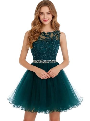 Image of Dydsz Women's Lace Applique Short Prom Dress A Line Tulle Homecoming Dresses Beaded Mini Graduation Party Dress