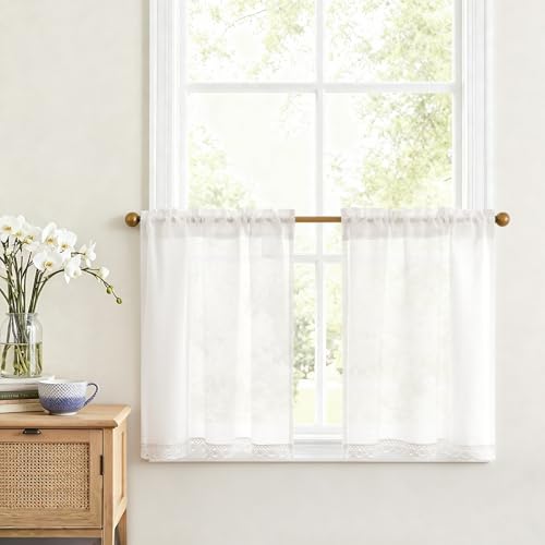 Vangao Scheibengardine Leinen Bistrogardine Halb Transparent Privatsphäre Uni Gardine Sheer Vorhang Paarig Schals Fensterschal