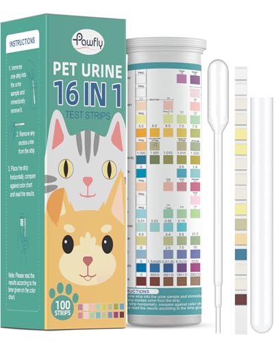 Pawfly Tiras Reactivas Orina para Gatos y Perros, 100 Tiras Test UTI para 16 Parámetros, Tiras Análisis Orina Mascotas, Tiras Veterinarias para Cetona, Glucosa, Sangre, Gravedad Específica pH y Más