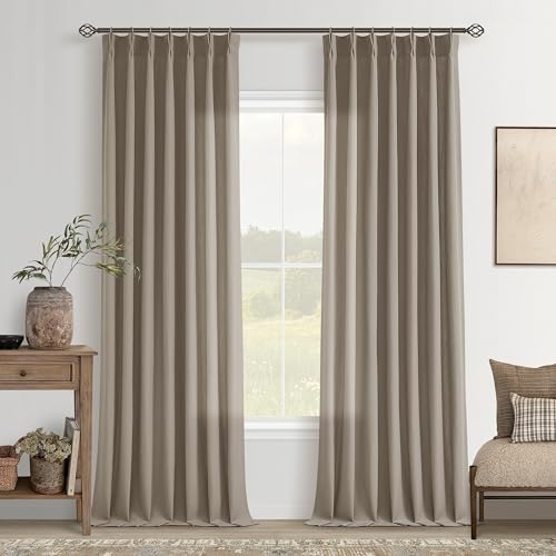 Image of Taupe Semi Sheer Pinch Pleated Linen Curtains 105 Inch Long for Living Room | Cottage, Floor To Ceiling Extra Long, Light-Filtering Privacy, Dining Room Bedroom, Burlap Textured, Hook Rings Memory Shape
