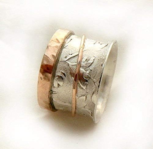 Elegant Leaf Pattern Silver-Gold Spinning Wedding Band