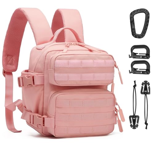 YASHALY 9L Mini Tactical Backpack Men Women Small Assault Rucksack Water-proof GYM Hiking Bug Out Bag with molle attachments (Pink)