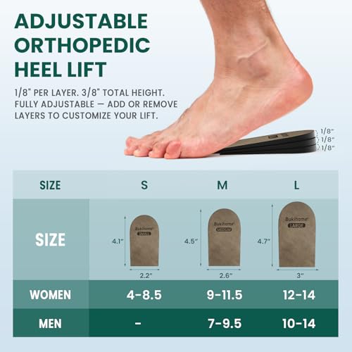 Image of Heel Lift for Women Men Shoe - Bukihome 3 Layers Adjustable Orthopedic Shoe Lifts for Leg Length Discrepancy, Uneven Legs, Pain Heel - Height Increase Inserts 1 /8 inch 2 /8 inch 3 /8 inch, Large Pack of 1