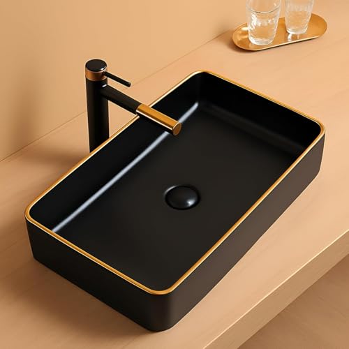 Image of OSOSAM Designer Ceramic Countertop Vessel Sink for Bathroom | Premium Matte Black Table Top Wash Basin for Home, Hotel & Vanity Spaces | 24 x 14 x 5.5 Inch