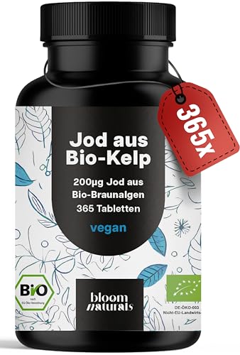 Jod Tabletten aus Bio-Kelp hochdosiert - 365 Tabletten - 200 g Jodtabletten vegan & produziert in Deutschland - Verpackung kann variieren