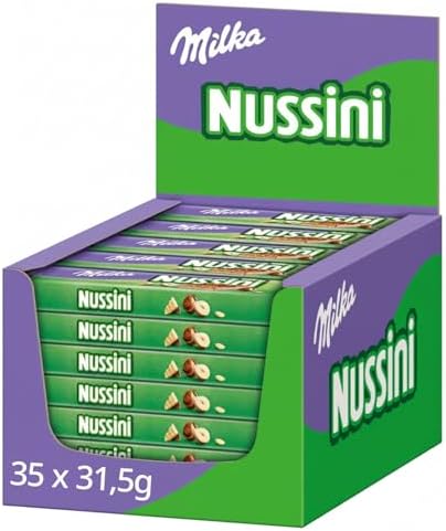 Milka Nussini Riegel, 31,5 g (35er-Pack) | Knusprige Waffelschnitte mit Haselnusscrème und Alpenmilch-Schokolade