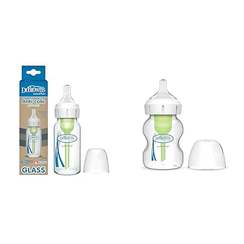 Dr. Brown's Natural Flow Anti-Colic Options+ Biberón de vidrio de cuello estrecho y ancho 5 oz/5.1 fl oz, niple de flujo lento nivel 1, 1 paquete,