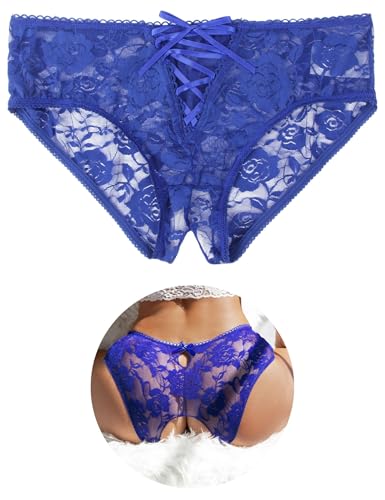 ohyeahlady Thongs for Women Sexy Panties Plus Size Sheer Lace Underwear Soft Stretchy French Knickers Low Rise Brazilian Knickers Underpants Lace Up Bikini Briefs 1 Pack Blue Size 16 18