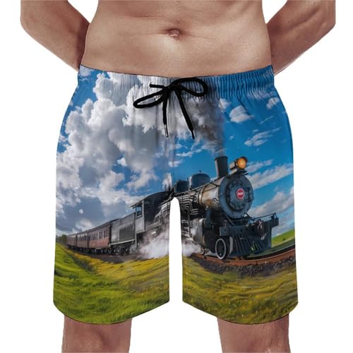 Steam Train Crosses A Green Lawn Men's Swim Trunks Quick Dry Board Shorts Hawaiian Beachwear with Mesh Lining