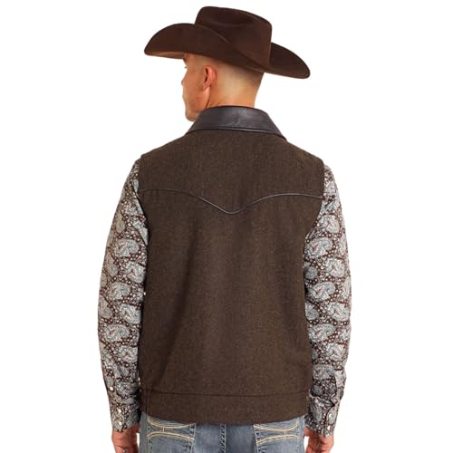 Men's Brown Heathered Wool Holbrook Vest With Distressed Leather Collar By Powder River Outfitters 98-5619 (Medium) 98-5619Brown2