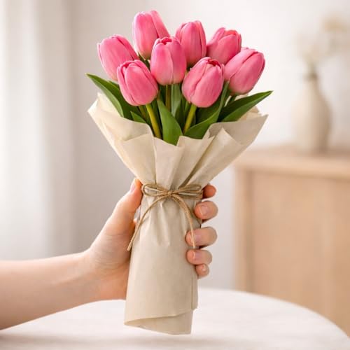 Image of Artificial Tulip Flowers (5 Tulips, Vase Not Included) - Realistic Faux Tulips for Home Decor, Living Room, Bedroom, Office, Wedding Decoration, Table Centerpiece & Gifting Pink