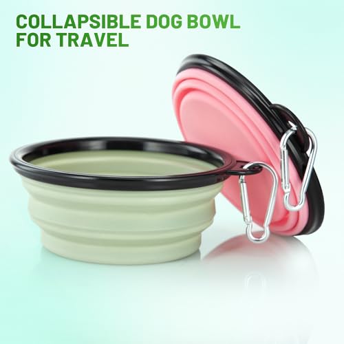 Image of SLSON Plastic, Dog Bowl Pet Collapsible Bowls, 2 Pack Collapsible Dog Water Bowls, Portable Pet Feeding Watering Dish 2 Carabiners (Small, Fairy Pink+Sprout Green, 12.7 X 9 X 5.5 Cm)