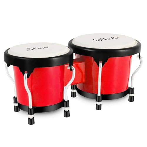 Image of Softline Pro Bongo Drum Set with Tuning Wrench & Padded Professional Wooden Percussion Instrument for Beginner Adults Kids - Natural Skin (RED ABS)