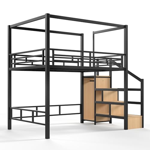 Image of Bellemave Full loft Bed with Storage Stairs, Wardrobe, Canopy Support Pole, Metal Full Loft Bed Frame for Adults, Kids, Teens, Canopy can be Disassembled, Black+Natural Wood
