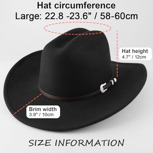 Image of DRESHOW Cowboy Hat for Women and Men Classic Felt Western Hat for Cowboys Cowgirls Wide Brim Belt Buckle Retro Fedora Hats