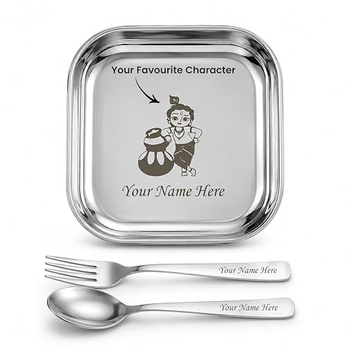 Image of SAVRI Personalized Stainless Steel Square Lunch & Dinner Plate with Spoon & Fork Name & Favourite Character Engraved. Kids, Birthday Party, Return Gift Snacks. Size - 7 * 7 Inches.