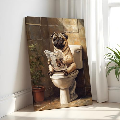 Image of Pug on Toilet Wall Art Print Canvas Wrapped, Dog Bathroom Humor Decor Posters Prints for Restroom Home Picture Painting Artwork Gallery 7 (Pug, 20 inchL x 16 inchW CANVAS, Wrapped Canvas)