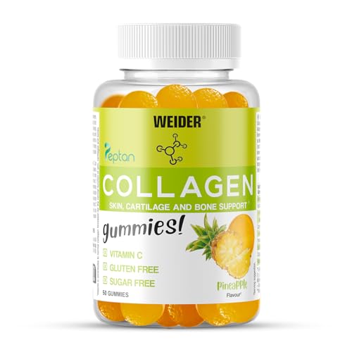Weider Collagen Gummies (50 gummies) Sabor Piña. Gominolas de Colágeno Hidrolizado Peptan con Vitamina C. Para Piel, Huesos y Articulaciones. Sin Azúcares y Sin Gluten.