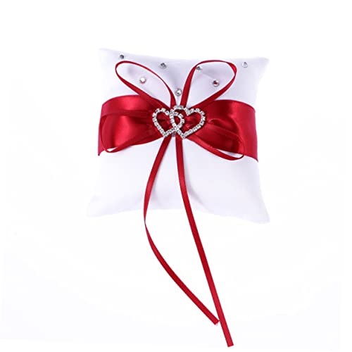 Unomor 1pc Heart-Shaped Wedding Pillow Bowknot for Bride Romantic Engagement Decoration Red Soft Lace Bearer Cushion for Wedding Ceremony