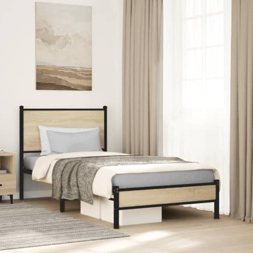 Mokuyary Marco de cama de metal sin colchón Sonoma roble 75 x 190 cm, marco pequeño de cama individual/doble, fácil montaje, modelo de estilo moderno con cabecero y reposapiés bajo