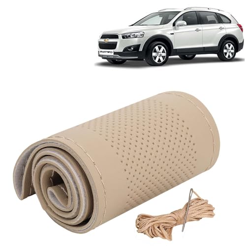 Image of KINGSWAY PU Leatherite Car Steering Cover Sewable Compatible with Chevrolet Captiva (Year 2006-2016), Beige Color with Beige Thread, Pack of 1 with Sewing Needle and Thread
