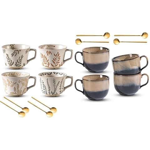 Noevany 8 PCS Coffee Mug, Plant Print Mug and Large Brown Gradient Coffee Gold Cup Cover