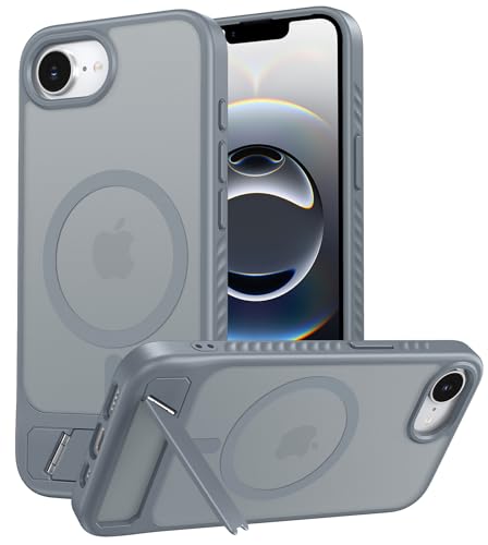 Image of FNTCASE for iPhone 16E Phone Case: [Magnetic Stand] [Compatible with Magsafe] Translucent Matte Military Grade Shockproof Drop Rugged Protective Phone Cover, Gray