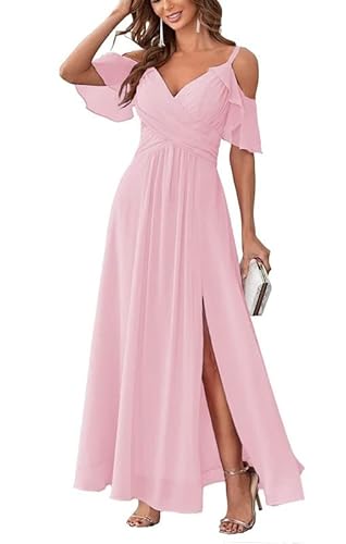 Tanpaul Bridesmaid Dresses Ruffles Sleeves Bridesmaid Dress Long Chiffon Evening Gowns With Pockets Pink #TOP11