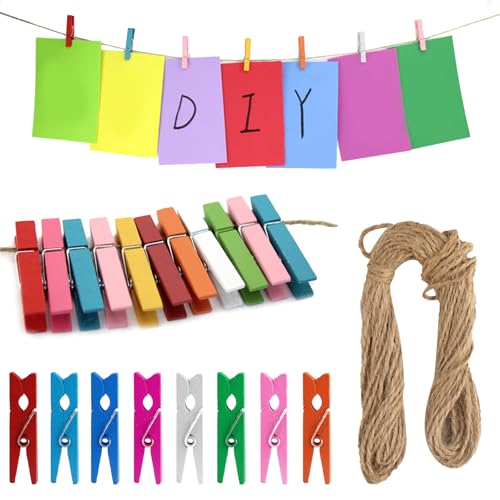 200 Stück Holzklammern Klein Bunt, Mini Wäscheklammern Holz Kleine Wäscheklammern für Fotos Aufhängen, 10m Fotoseil mit Klammern, Holzwäscheklammern Holz für Fotowand Bilder Dekorativ(3.5cm)