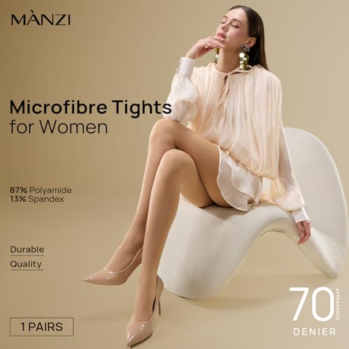 Image of MANZI Microfibre Tights for Women, Semi Opaque Solid Colored Footed Pantyhose 70 Denier