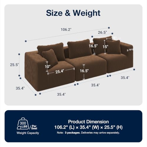 Image of Avenco 106-inch 3-Seater Modular Sofa Couch, Corduroy Fabric