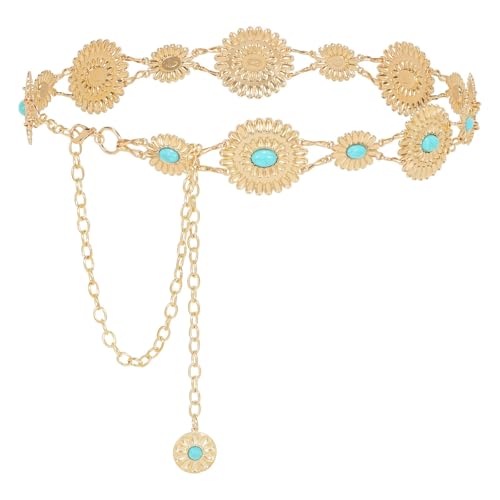Image of WHIPPY Women Concho Chain Belt Metal Link Western Cowgirl Turquoise Chain Belt for Dress