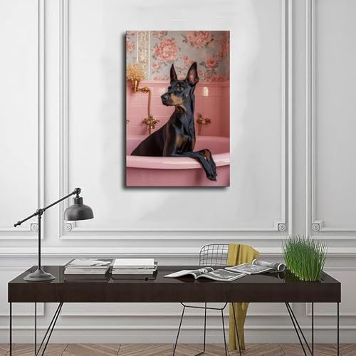 DSTRJ Dobermann in der Badewanne, Kunstposter auf Leinwand, Schlafzimmer, Dekoration, Landschaft, Büro, Raumdekoration, Geschenk, 30 x 45 cm