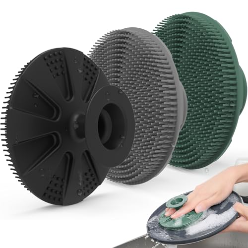 Silicone Sponge 3 Pack, BEAUTAIL Non-Scratch Scrub Sponges, for Washing Dishes and Cleaning Kitchen, Long Lasting and Reusable Dishwashing Scrubber, Suction Up Hang Designed, Black+Olive Green+Gray