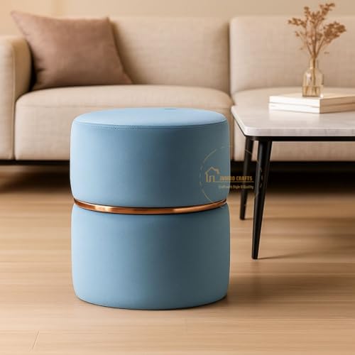 Image of Wooden Puffy Stool for Living Room Round Footstool - Ottoman Stool for Living Room Furniture Round Ottoman - Sitting Pouffe Ottoman Stool /Room Dcor /Office Stool - Sky