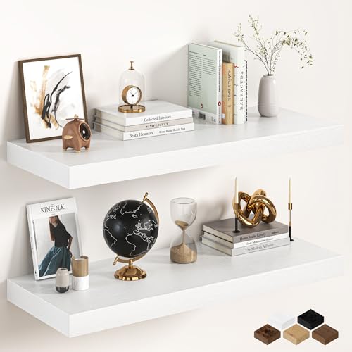 Image of 36Inch White Floating Shelves for Wall, 12 Inch Deep Shelves for Bedroom, Kitchen, Bathroom Wall Mounted, Rustic Wood Floating Shelf with Invisible Brackets for Books, Storage, Decor, 2 Packs