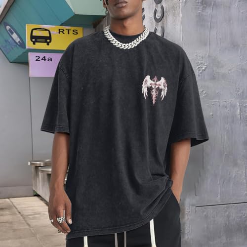 Lytiarul Vintage Goth Punk Shirts for Men Grunge Streetwear Oversized Tshirts Gothic Cross Y2k Graphic Tees Acid Wash T Shirt(Black,M)